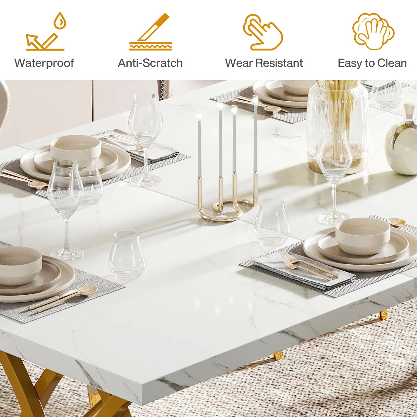 Table de salle à manger Louise — finition blanche, marbre, design contemporain, rectangulaire