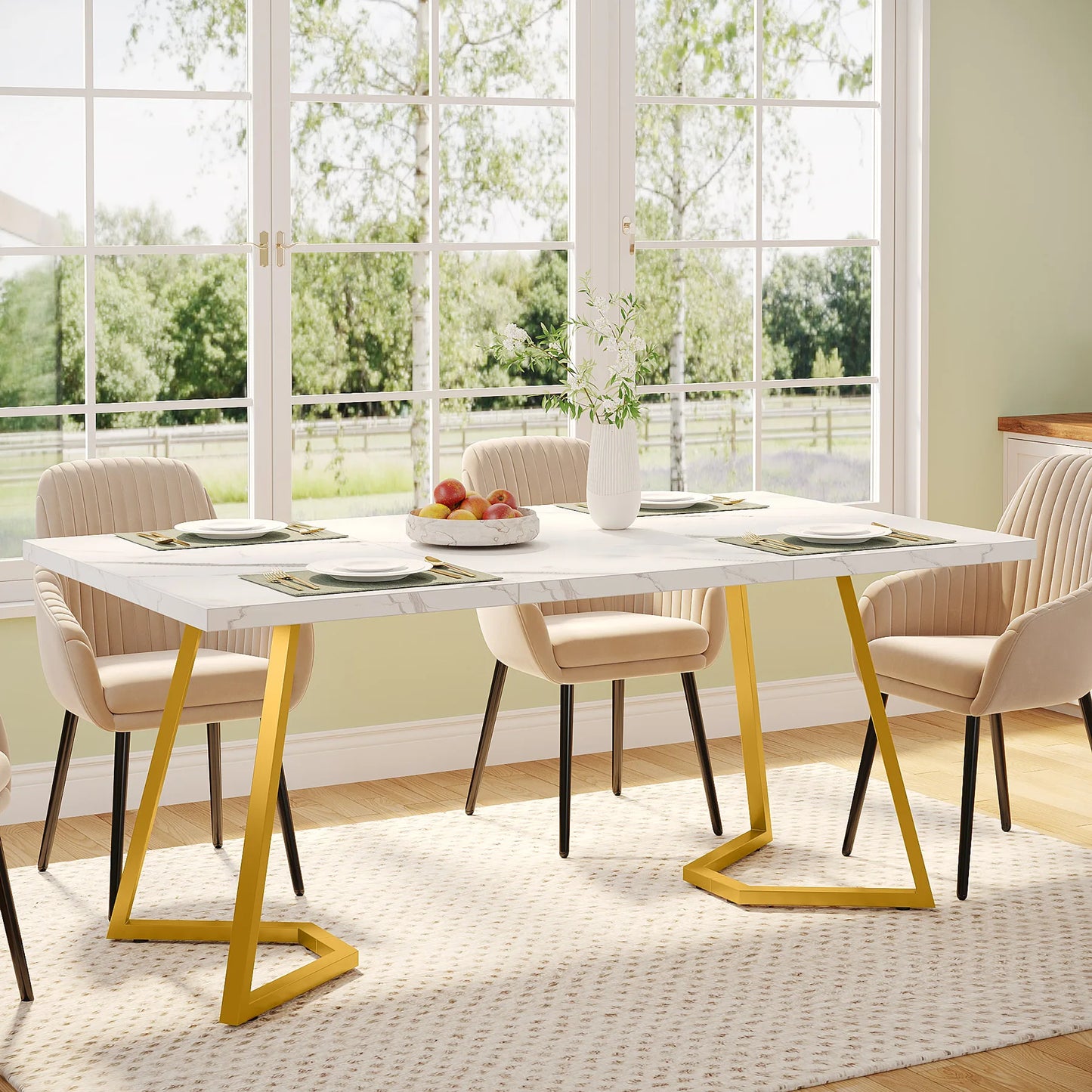 Table de salle à manger Louise — finition blanche, marbre, design contemporain, rectangulaire