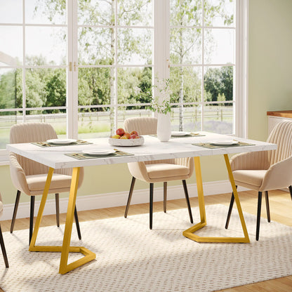 Table de salle à manger Louise — finition blanche, marbre, design contemporain, rectangulaire