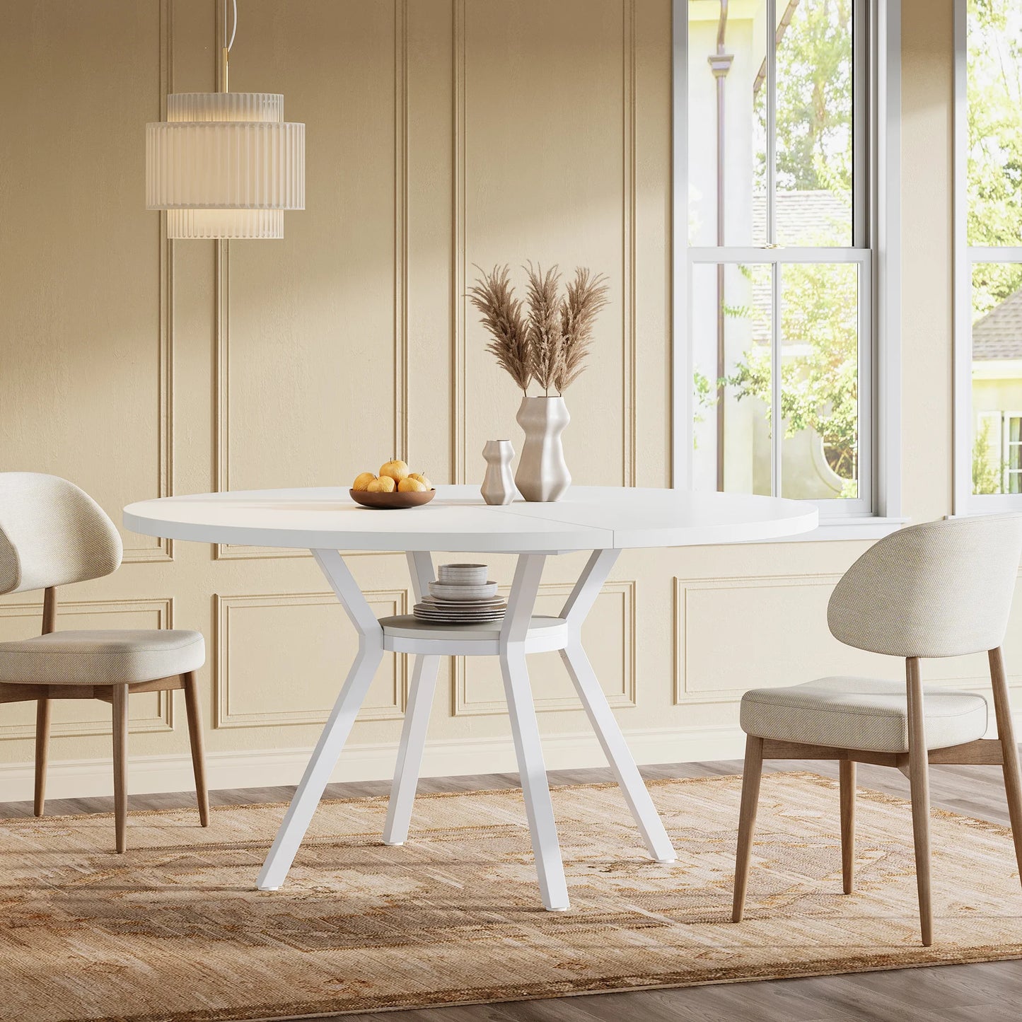 Table de salle à manger Jonathan — bois, métal, rangement intégré, ronde