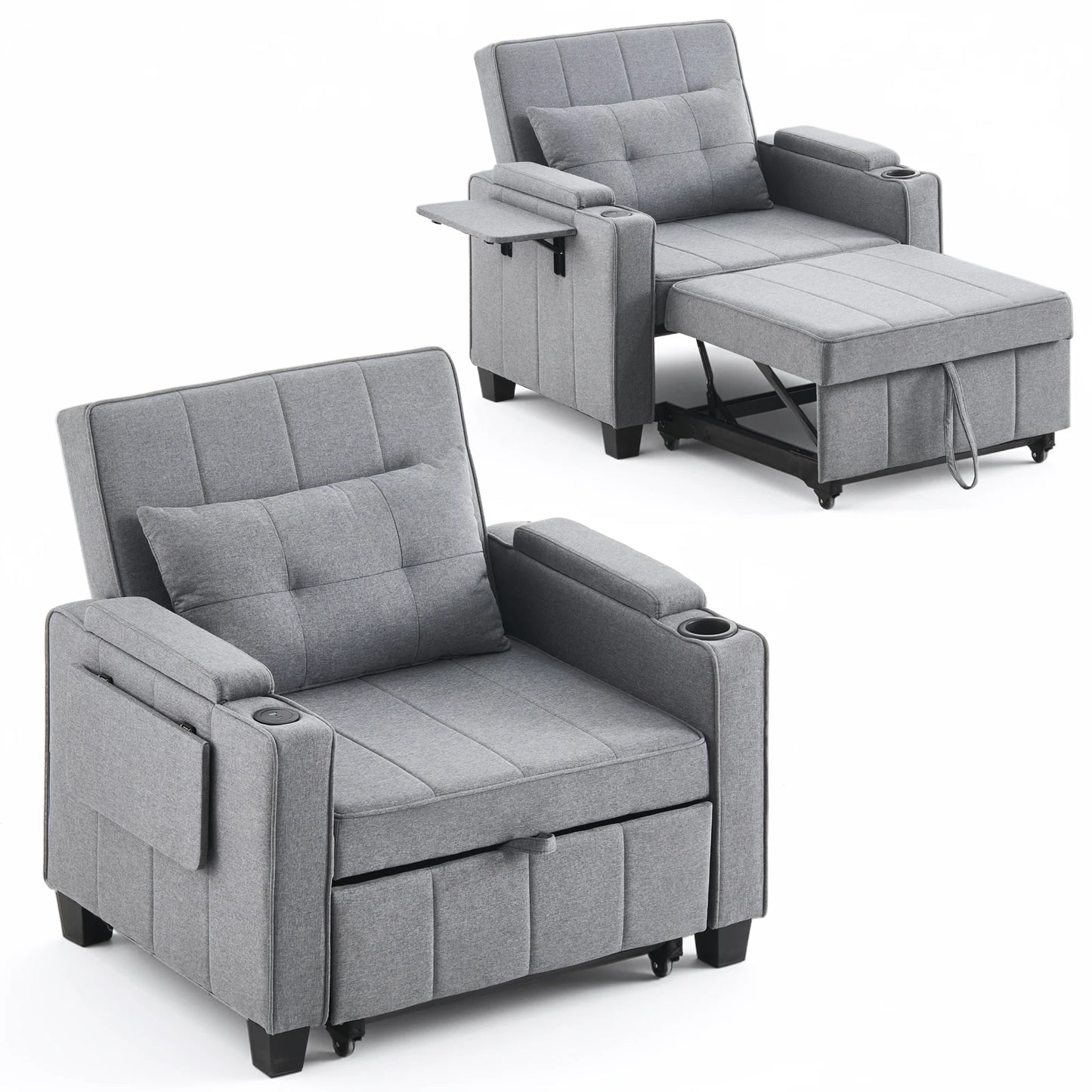 3-in-1 Sofa Bed with USB and Type-C, Adjustable Backrest TV Chair with Drink Holder and Armrest for Small Room Apartments