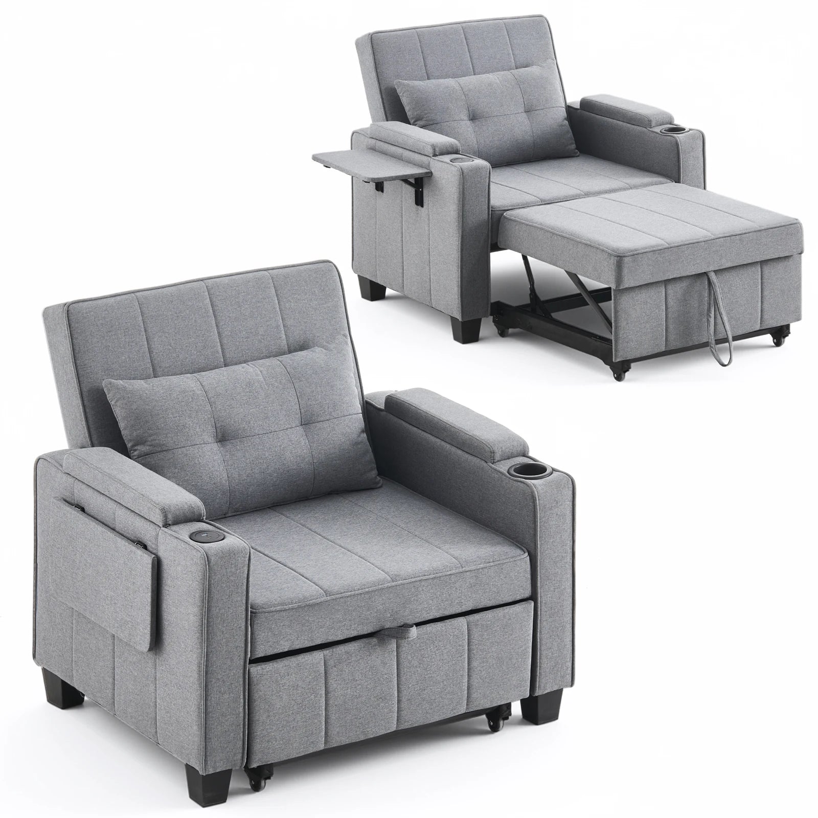 3-in-1 Sofa Bed with USB and Type-C, Adjustable Backrest TV Chair with Drink Holder and Armrest for Small Room Apartments