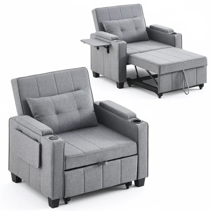3-in-1 Sofa Bed with USB and Type-C, Adjustable Backrest TV Chair with Drink Holder and Armrest for Small Room Apartments