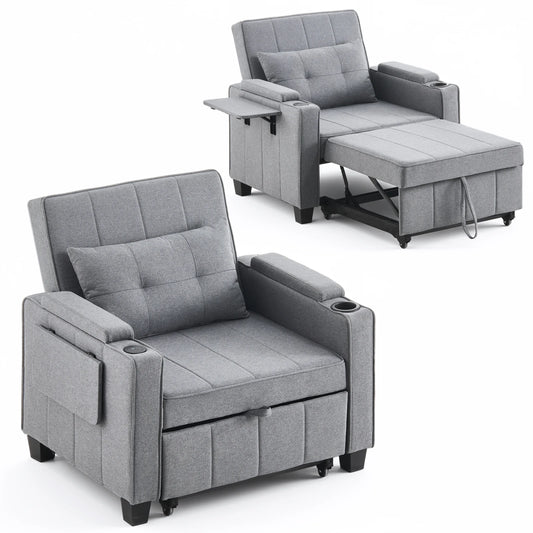 3-in-1 Sofa Bed with USB and Type-C, Adjustable Backrest TV Chair with Drink Holder and Armrest for Small Room Apartments