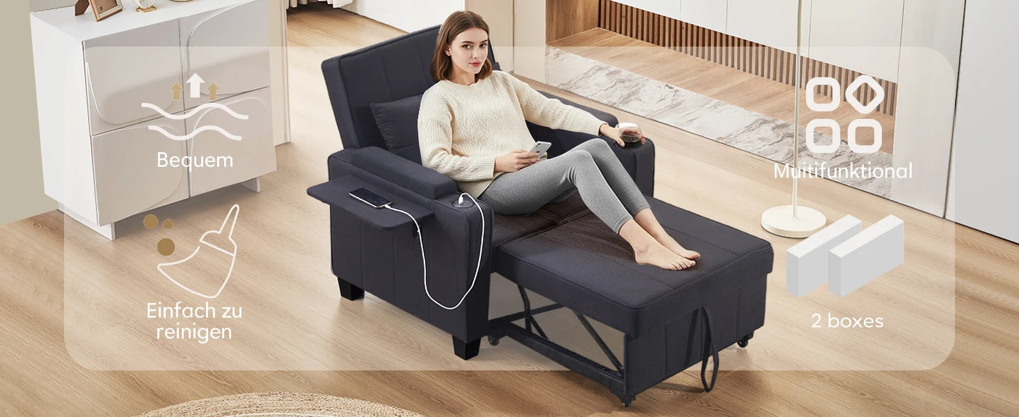 3-in-1 Sofa Bed with USB and Type-C, Adjustable Backrest TV Chair with Drink Holder and Armrest for Small Room Apartments