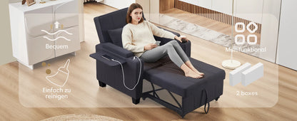 3-in-1 Sofa Bed with USB and Type-C, Adjustable Backrest TV Chair with Drink Holder and Armrest for Small Room Apartments