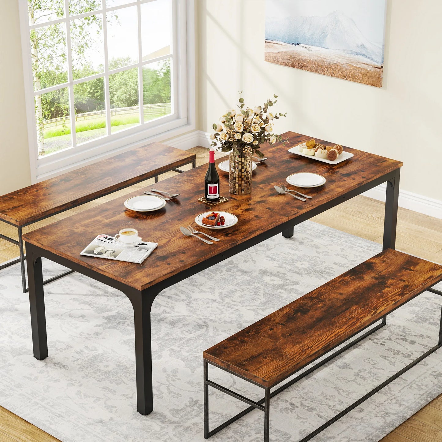 Table de salle à manger Émilie — bois, style industriel, rectangulaire