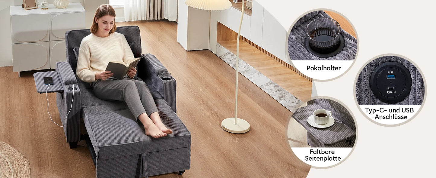 3-in-1 Single Sofa Bed with USB and Type-C, Adjustable Backrest TV Chair with Drink Holder and Armrest for Small Room Apartments