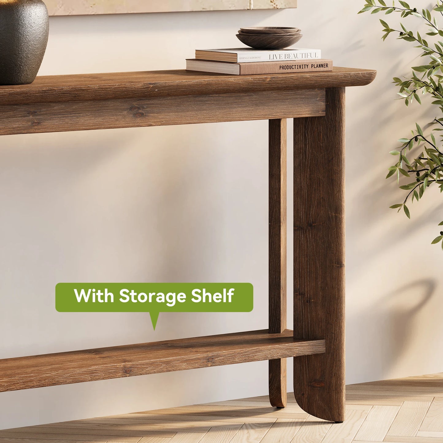 Console Inès — finition noyer, bois massif, design contemporain, 2 niveaux