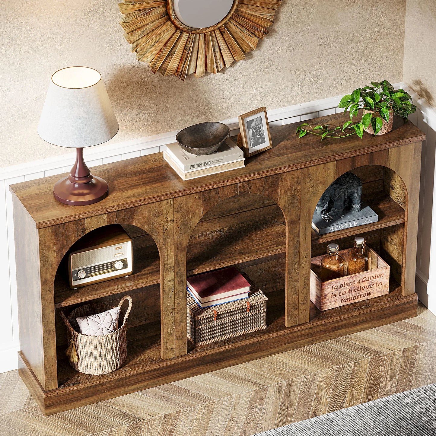 Console Éva — bois, métal, rangement intégré, 3 niveaux