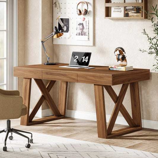 Bureau Martial — finition noyer, style rustique, rangement intégré, avec tiroirs