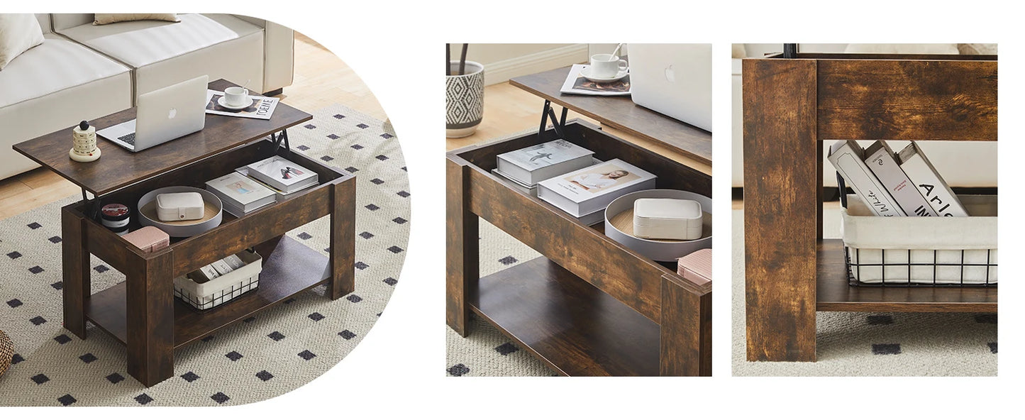 Lift Top Coffee Table with Hidden and Open Storage Shelf, Wooden Sofa Side Tea Table, Extendable Center Table for Living Room