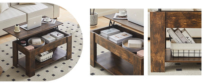Lift Top Coffee Table with Hidden and Open Storage Shelf, Wooden Sofa Side Tea Table, Extendable Center Table for Living Room