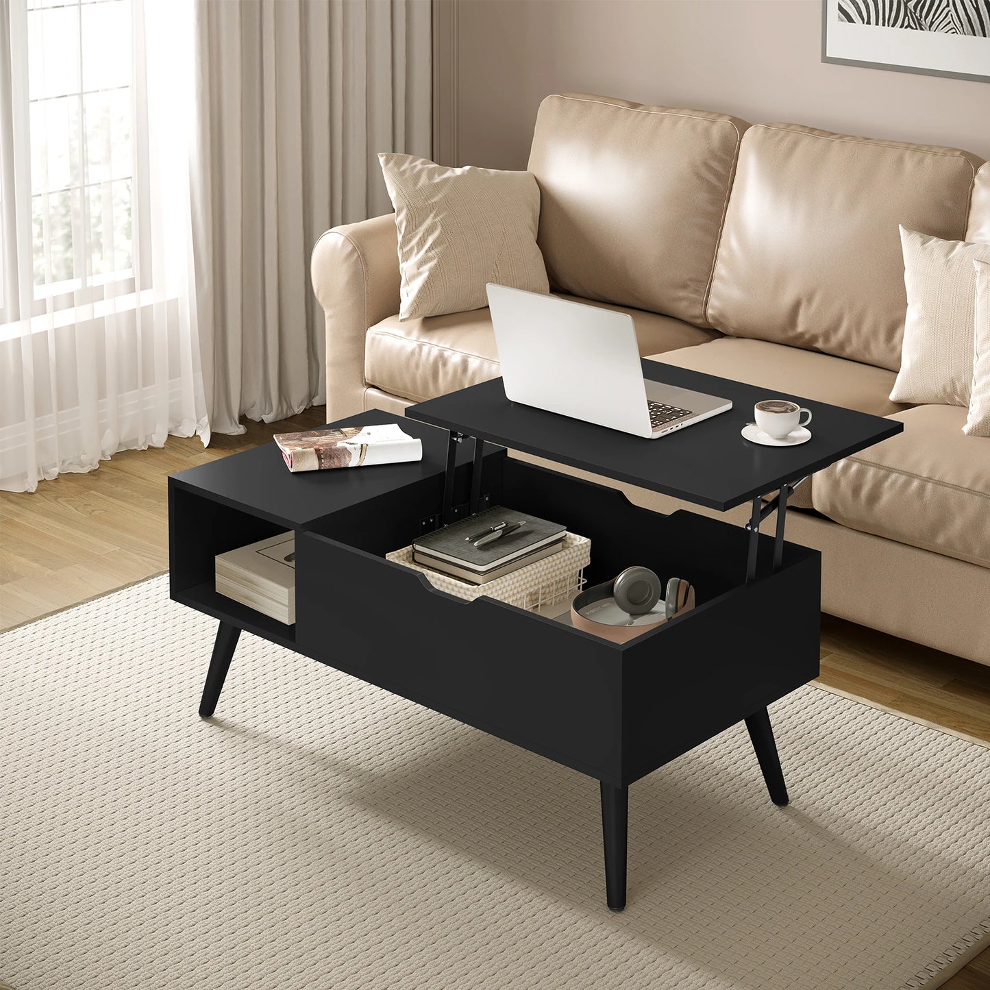 WOLTU Height-Adjustable Coffee Table with Hidden Storage Lifting Board Folding Table for Living Room Side and Sofa Table