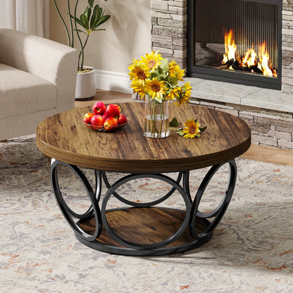 Table basse Denis — bois, métal, rangement intégré, 2 niveaux